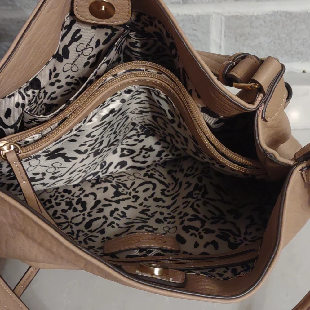 Jessica Simpson Women's Cream Faux Leather Camille Hobo Bag Tote with Gold Beads